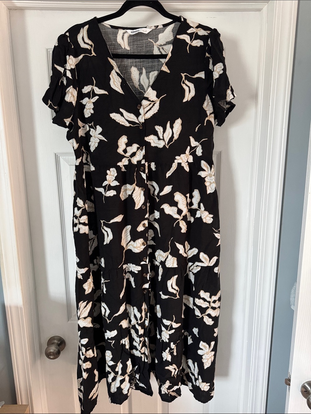 Sonoma Black Floral V-Neck Midi Dress with Cream Print